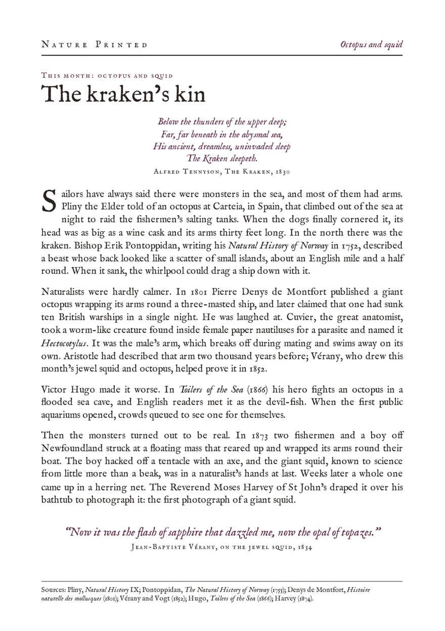 The octopus and squid theme leaf, The kraken’s kin: a page of sea-monster lore headed by lines from Tennyson’s The Kraken.